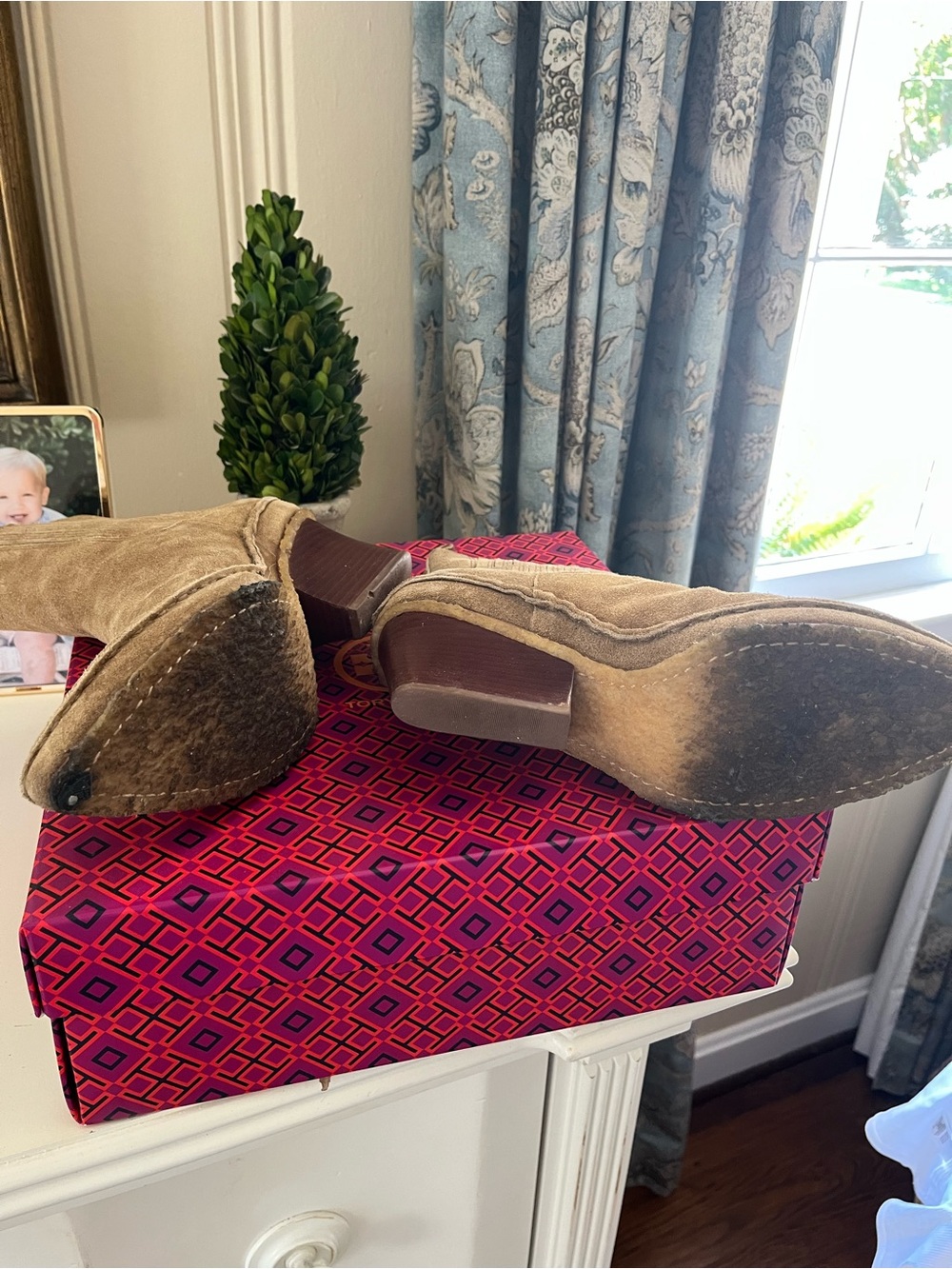 Tory Burch Taupe Suede Pointed Chelsea Booties - Picture 2 of 7